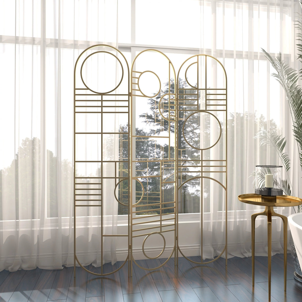 Metal 3 Panel Room Divider Screen with Geometric Pattern X7174