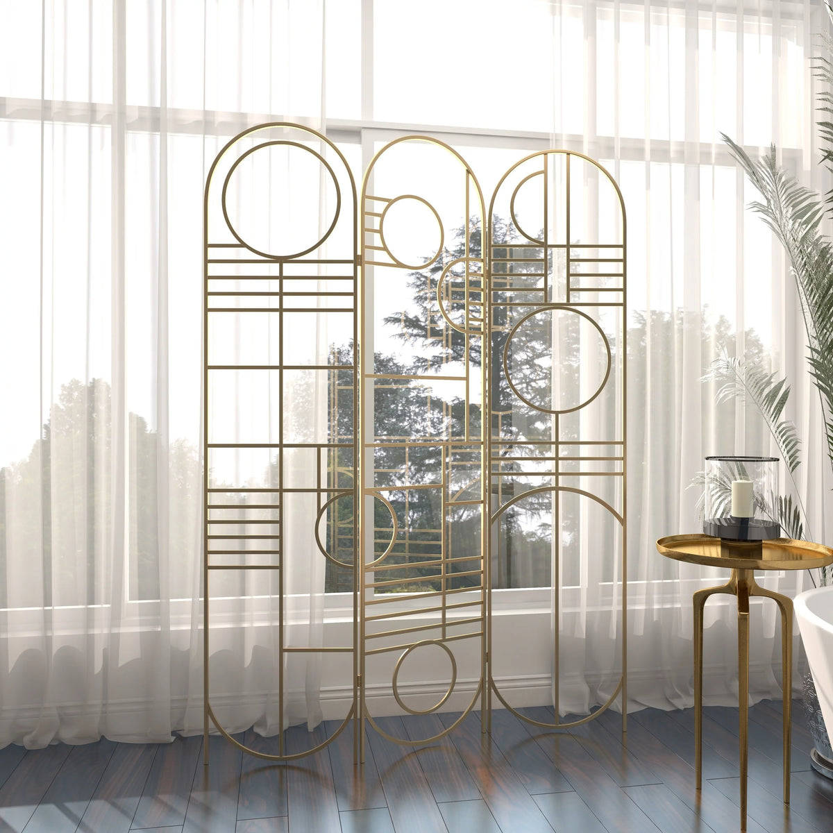 Metal 3 Panel Room Divider Screen with Geometric Pattern X7174