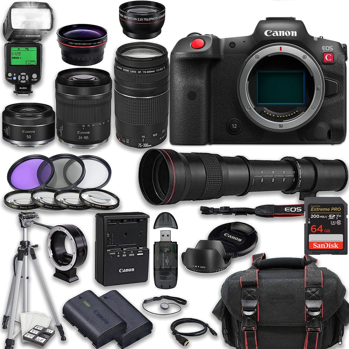 Mirrorless Cinema Camera with RF 24-105mm STM, RF 50mm f/1.8 STM, EF 75-300mm f/4-5.6 III, 420-800mm Lens, 128GB Memory, TTL Flash, Battery, Tripod U7182