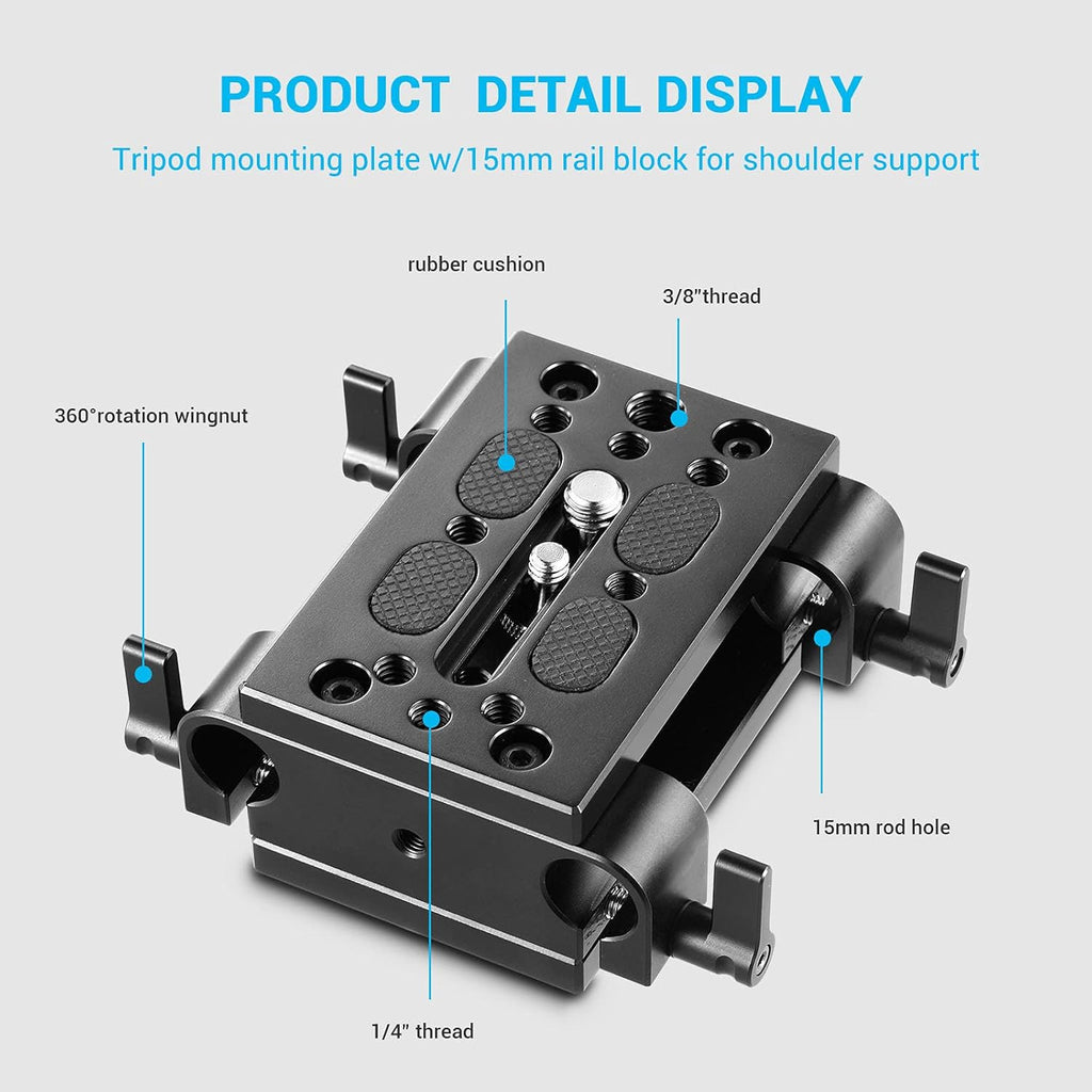 Camera Tripod Mounting Baseplate with 15mm Rod Clamp Rail Block J1140