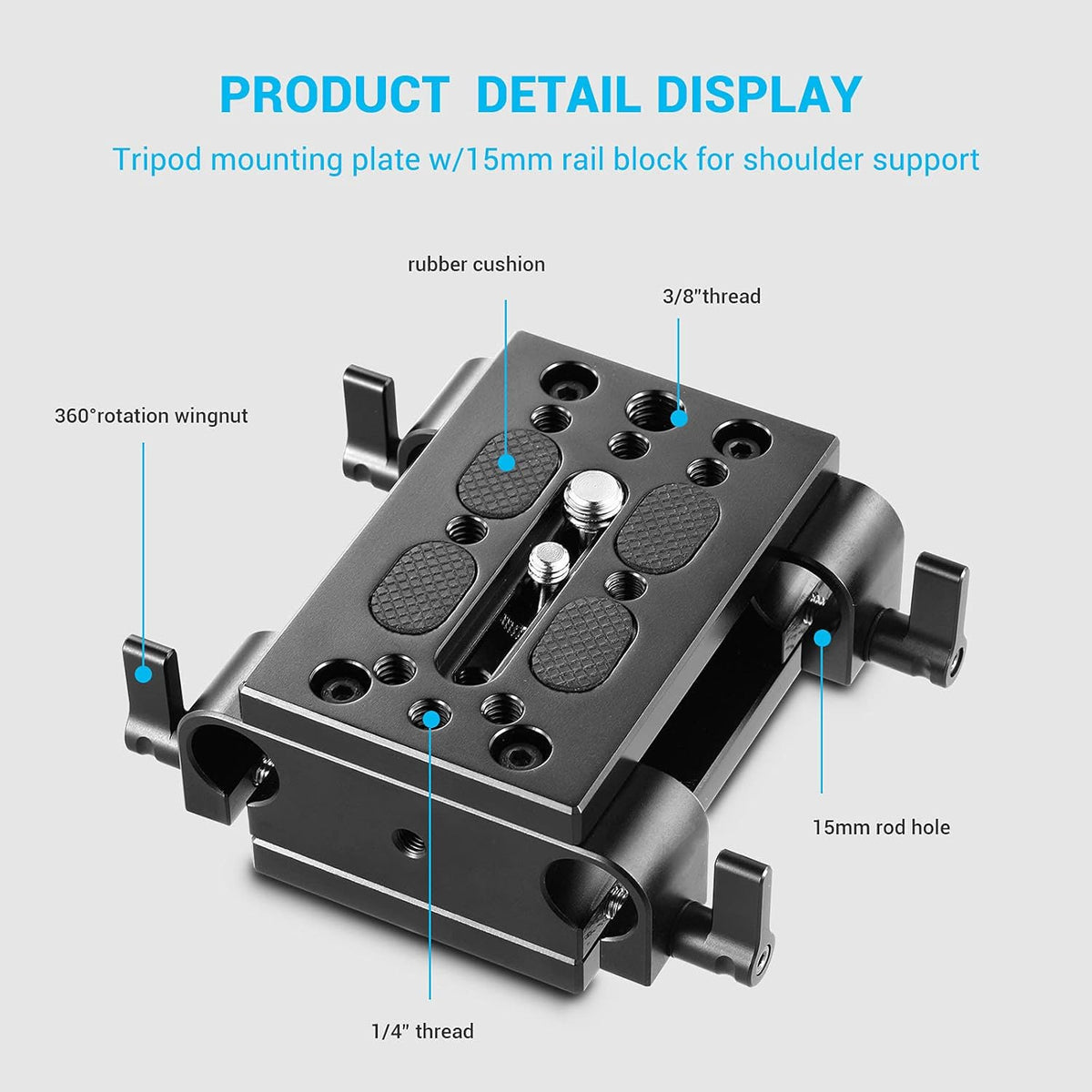 Camera Tripod Mounting Baseplate with 15mm Rod Clamp Rail Block J1140
