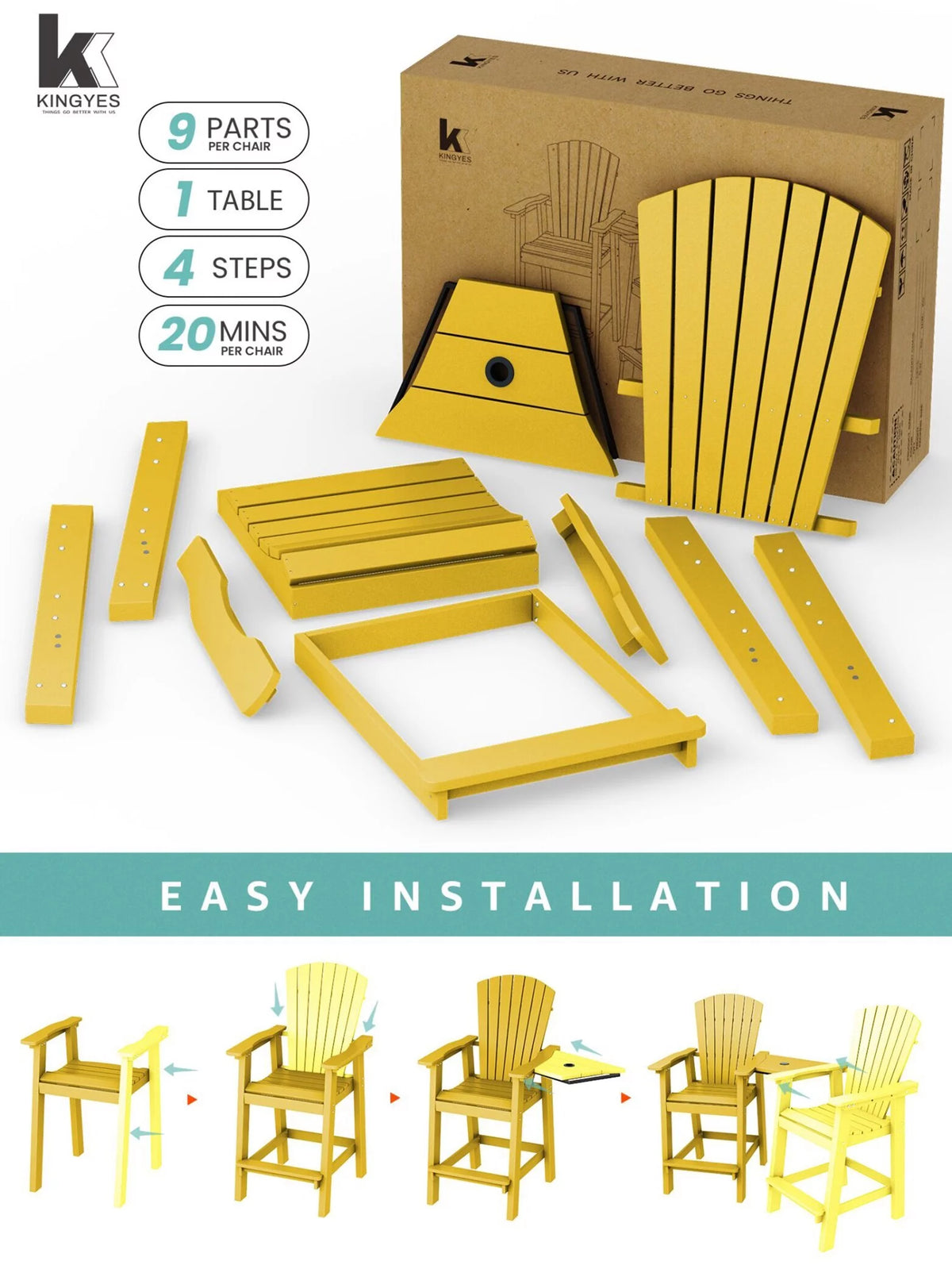 Tall Adirondack Chair Set with 2 Outdoor Barstools and Connecting Tray V49569