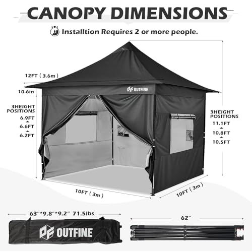 Heavy Duty Canopy 10x10 Pop Up Commercial Canopy Tent with 3 Side Walls, Roller Bag, 4 Weight Bags, Stakes and Ropes (White, 10 * 10FT) L90823