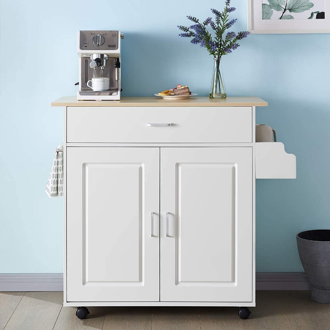 White Kitchen Island with Storage on Wheels M93802
