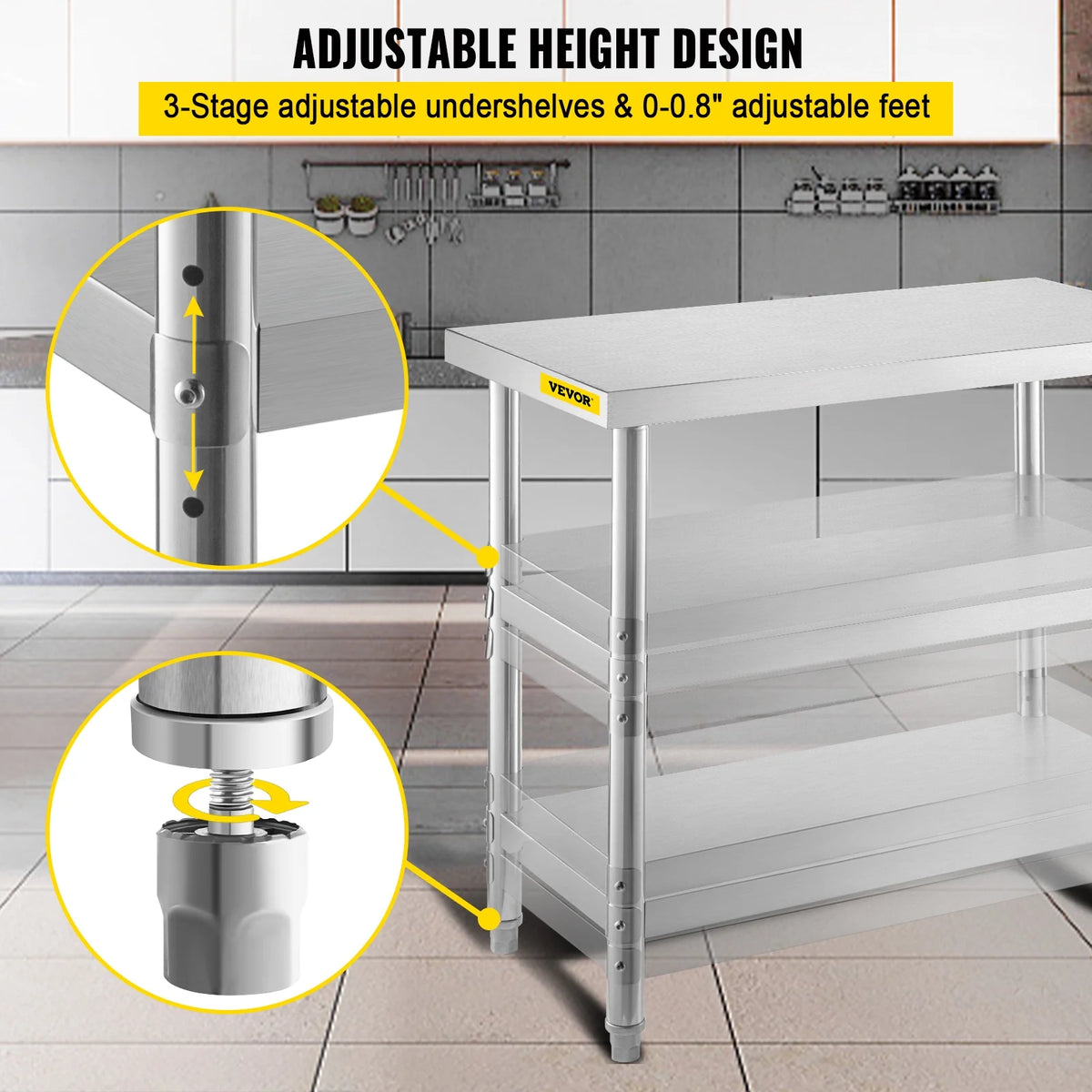 Stainless Steel Table with 2 Adjustable Undershelf U427