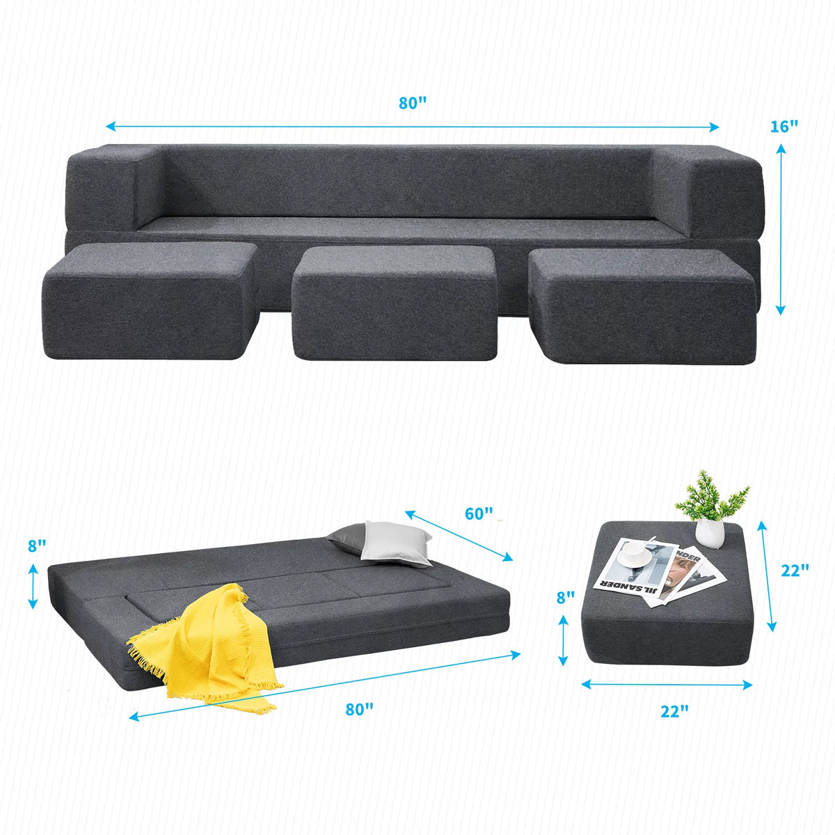 Dark Grey Convertible Sofa Bed X3822