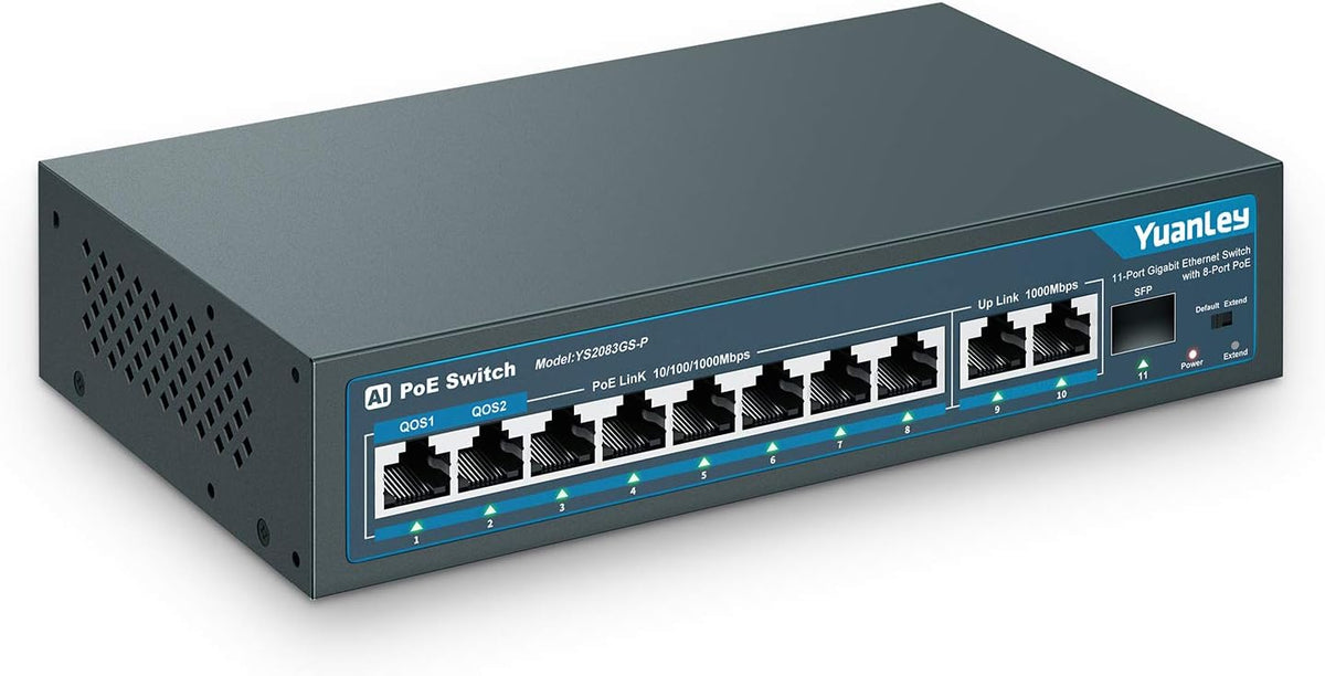 11 Port Gigabit PoE Switch, 8 PoE+ Port 1000Mbps, 2 Gigabit Uplink, 1 SFP Port, 120W, Metal, Unmanaged, Pack of 2 E35586