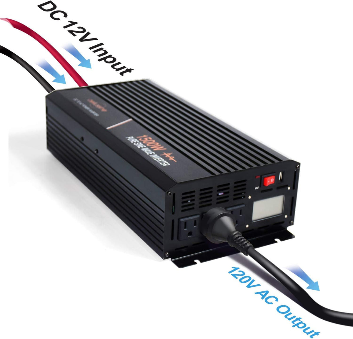 1500 Watt Pure Sine Wave Power Inverter 12V DC to AC 110V 120V with LCD Display Remote Switch N557
