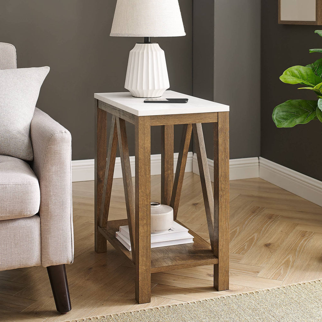 White Faux Marble/Natural Walnut Open Storage Side Table T6809