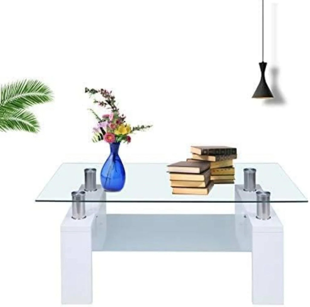 Glass Top White Coffee Table with Lower Shelf M975240