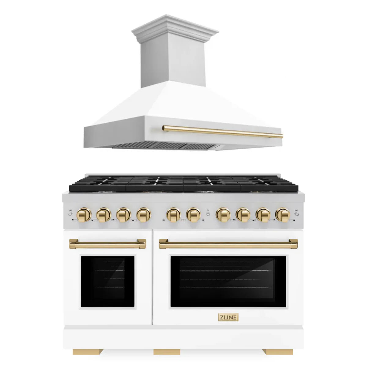 48 In. Gas Range and Range Hood with White Matte Finish and Gold Accents W287616
