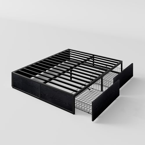 Black Queen Platform Bed Frame with 2 Storage Drawers E293