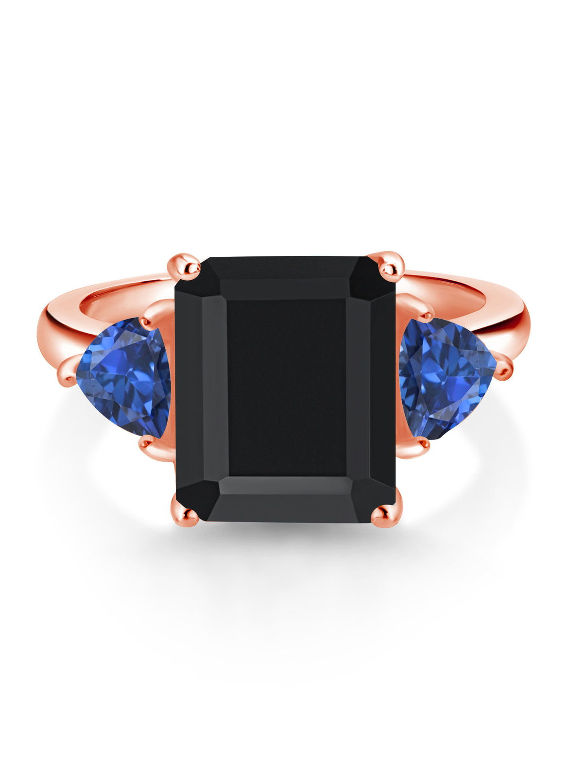 18K Rose Gold Plated Silver Black Onyx Blue Created Sapphire 3 Stone Ring Q449338