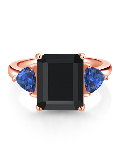 18K Rose Gold Plated Silver Black Onyx Blue Created Sapphire 3 Stone Ring Q449338