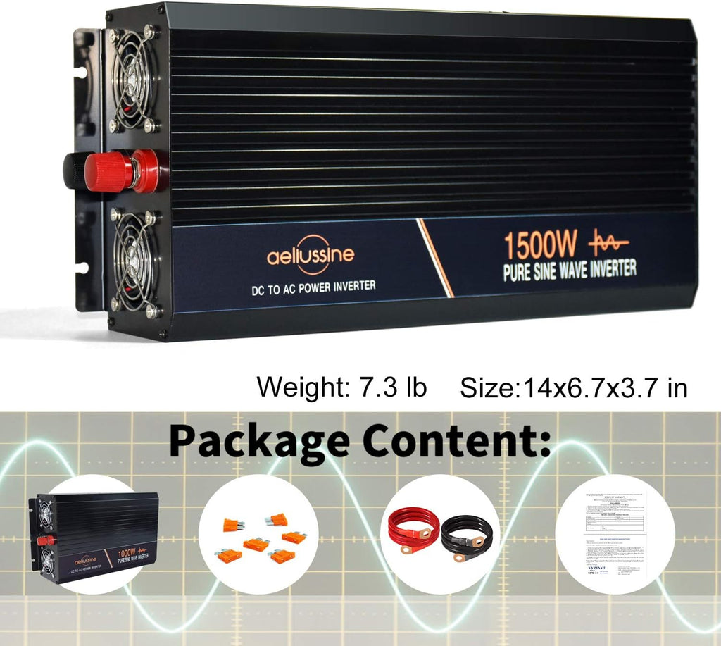 1500 Watt Pure Sine Wave Power Inverter 12V DC to AC 110V 120V with LCD Display Remote Switch N557