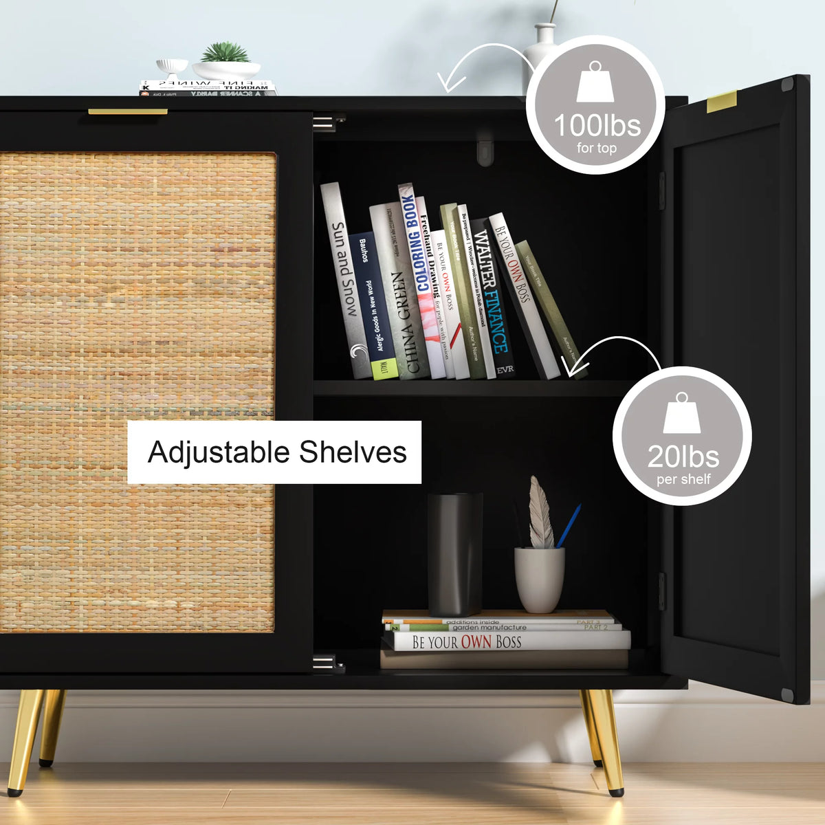 Black 2 Rattan Door Accent Cabinet S960066