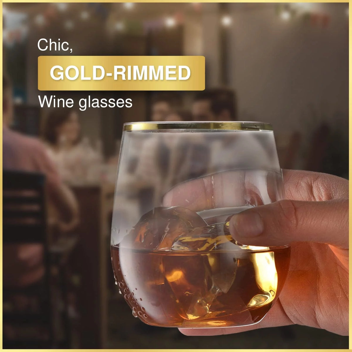 32 Pack Stemless Plastic Wine Glasses 12 oz Gold Rim C768