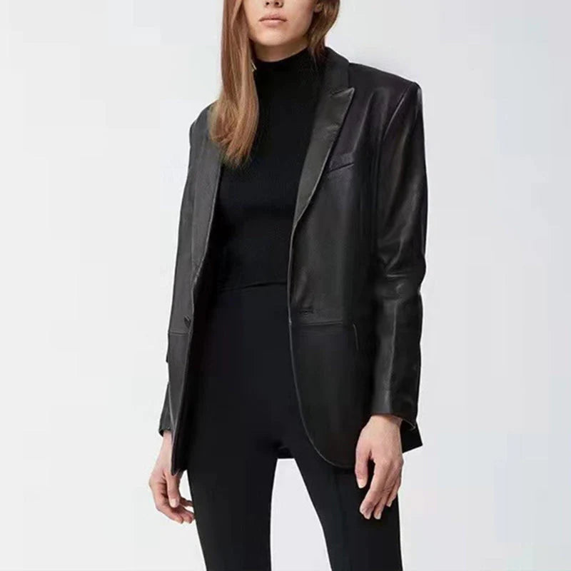 Recycled Vegan Leather One Button Blazer Jacket U44738