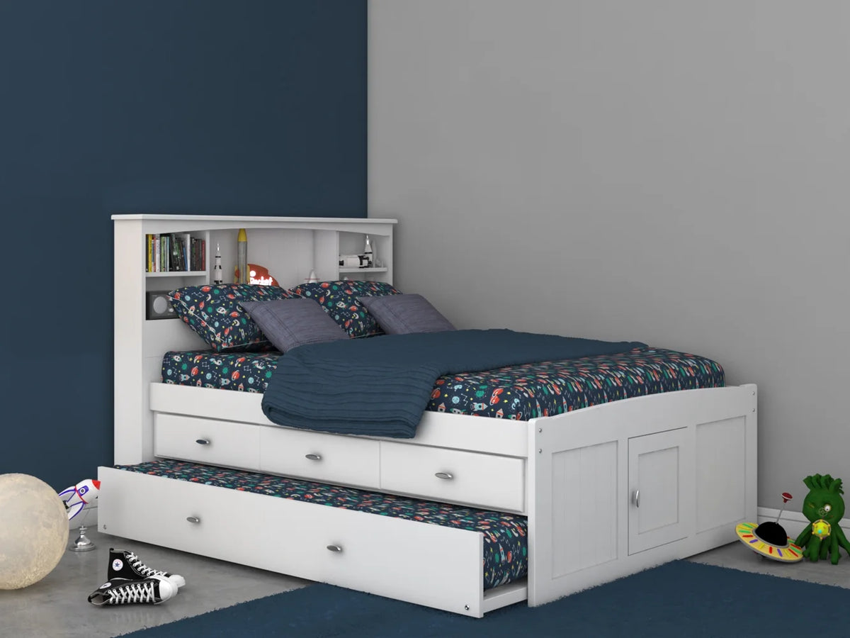 Solid Pine Full Sized Captains Bookcase Bed with 3 Drawers and Twin Trundle H196193