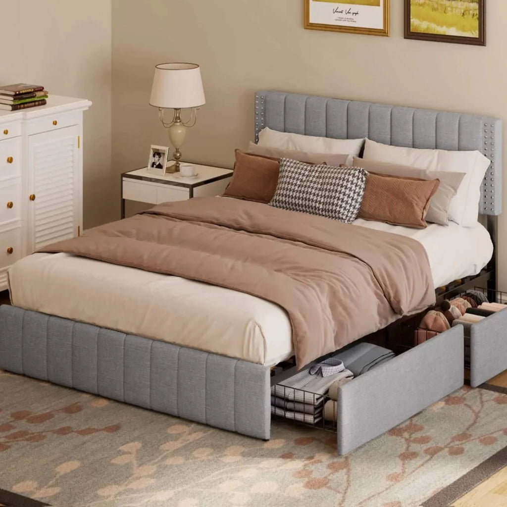Light Grey Full Size Bed Frame with Storage Drawers R88668
