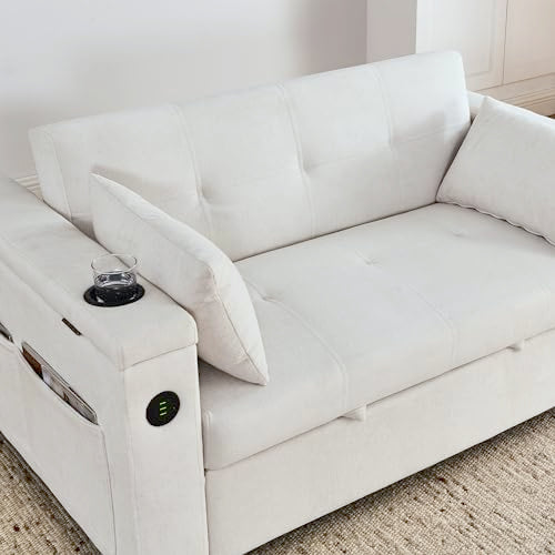 White Chenille 2-Seater Convertible Sofa Bed with USB Power Outlet U78065