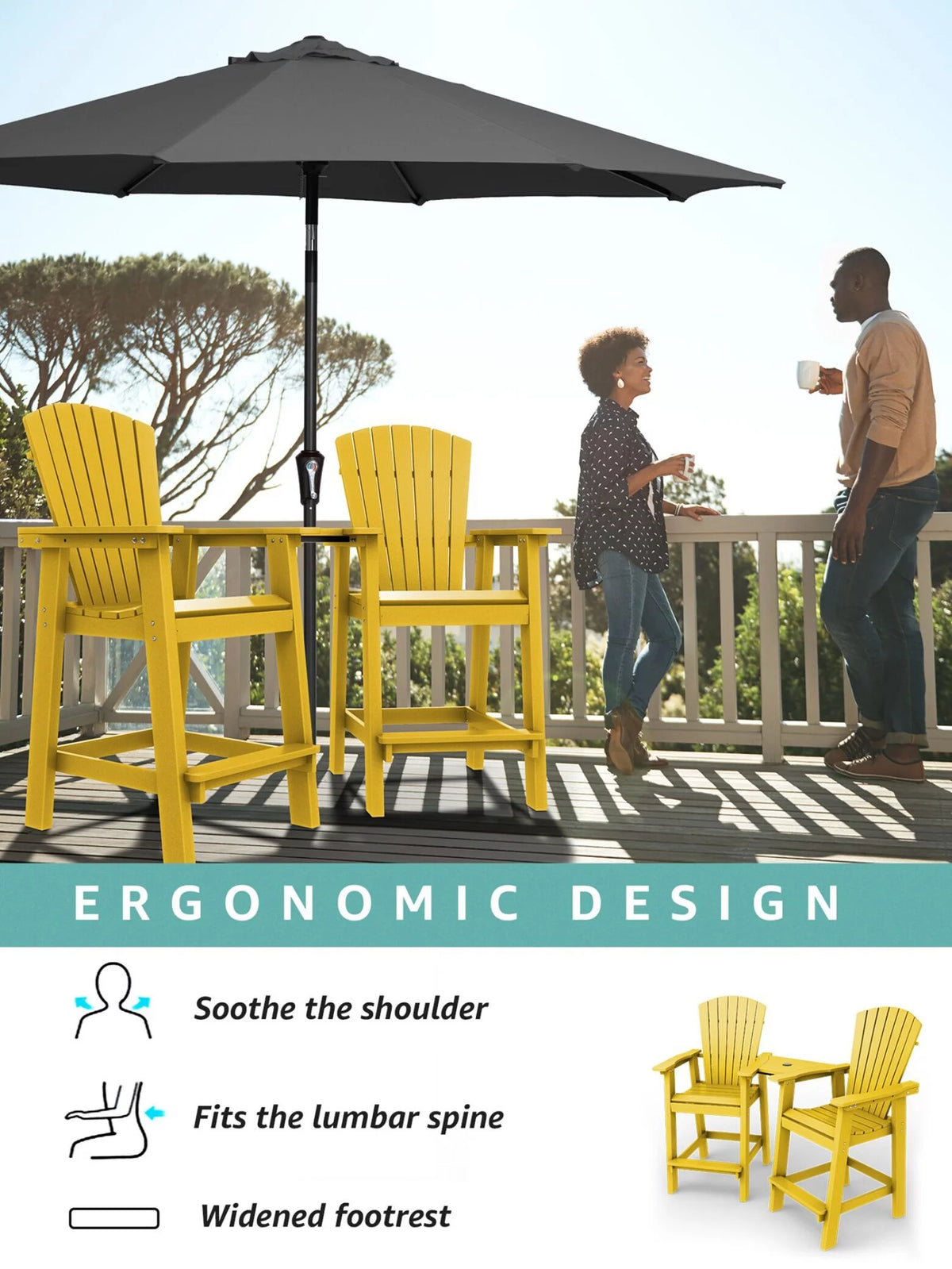 Tall Adirondack Chair Set with 2 Outdoor Barstools and Connecting Tray V49569