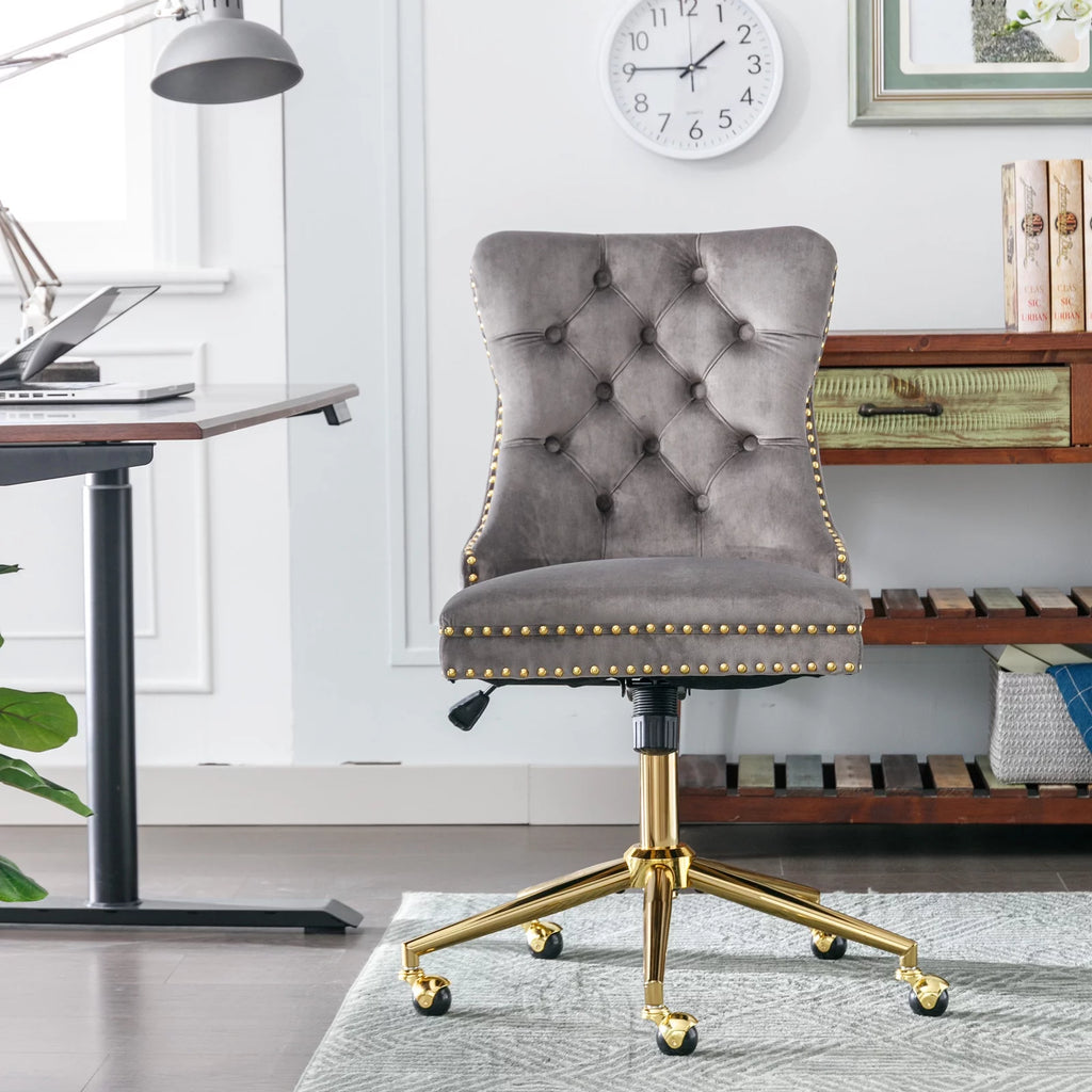 Velvet Upholstered Tufted Office Chair with Golden Metal Base W8385