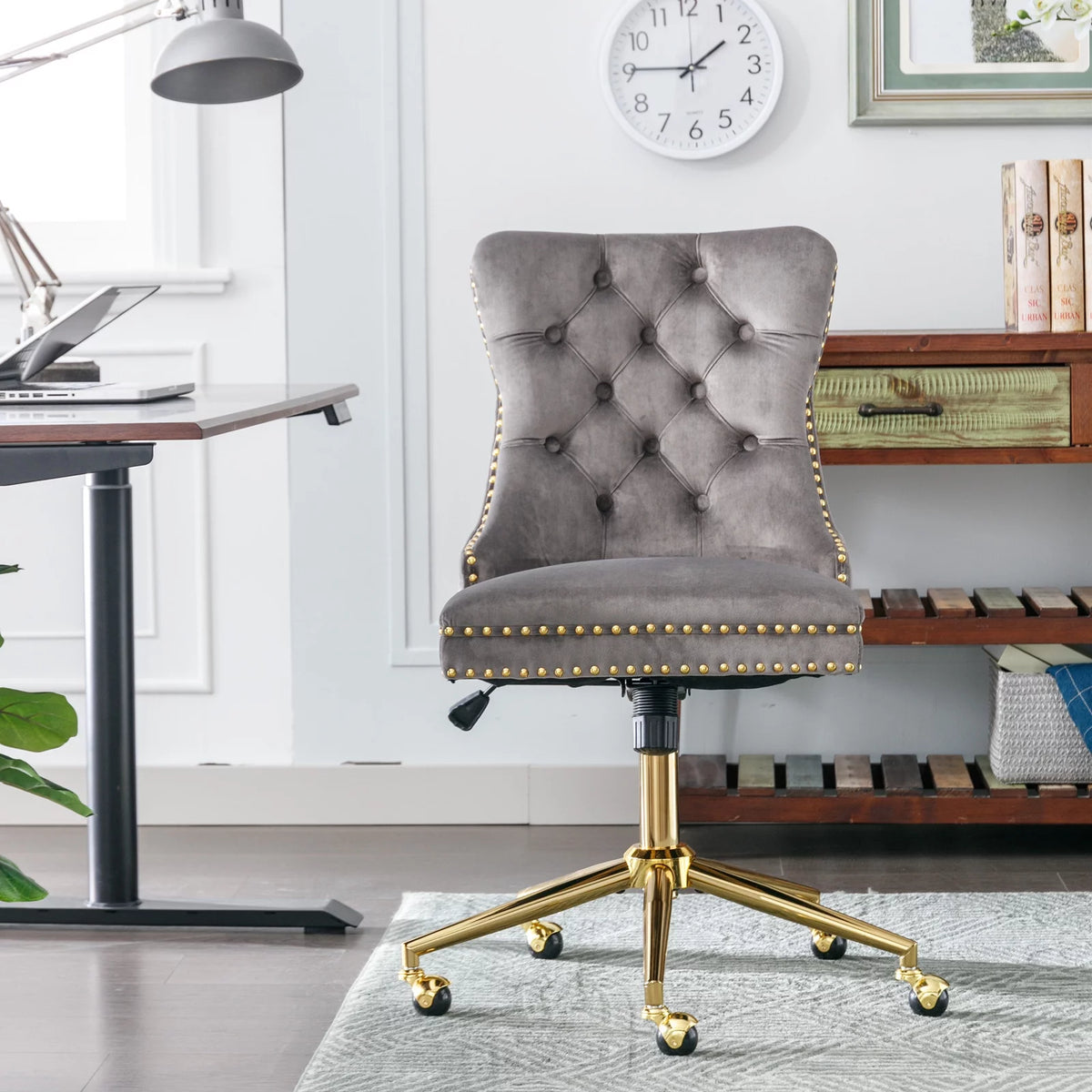 Velvet Upholstered Tufted Office Chair with Golden Metal Base W8385