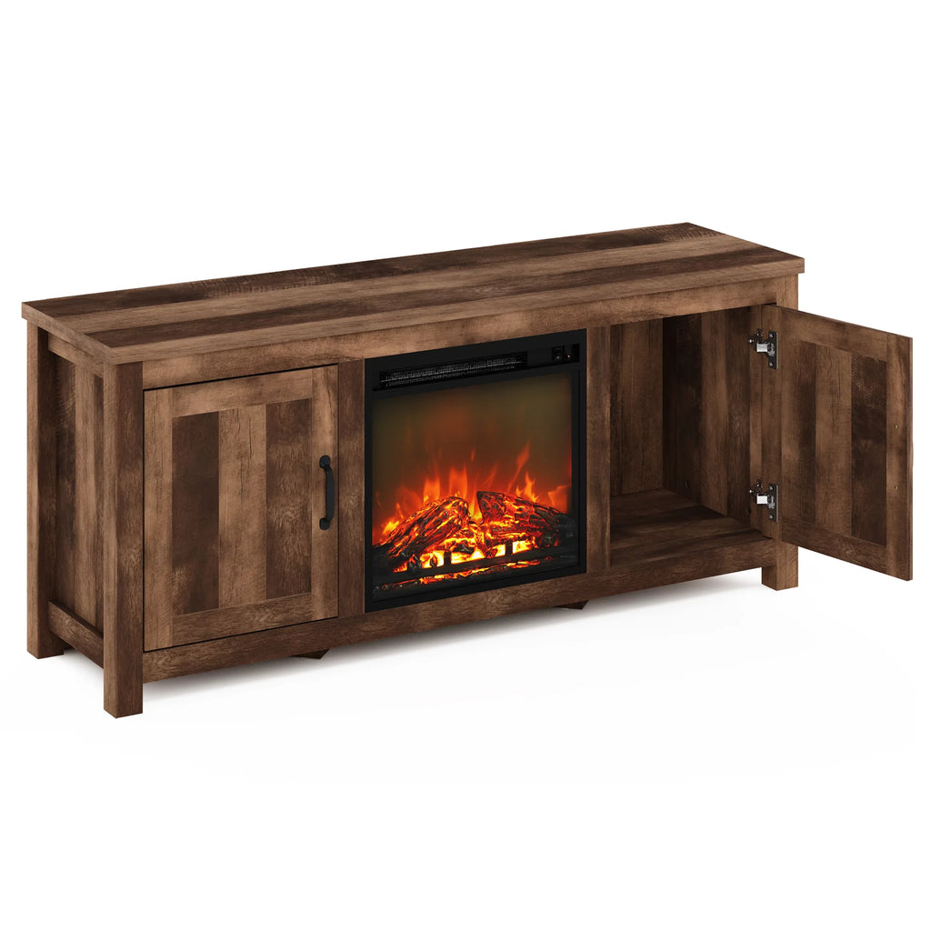 Farmhouse Barn Door Fireplace TV Stand with Storage Cabinet for TV up to 60 Inch, Rustic Brown P120963