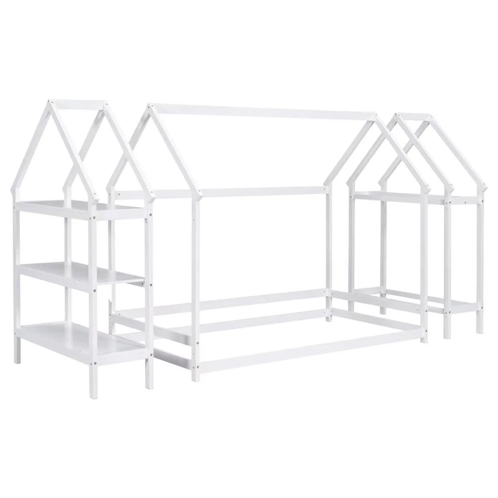 White Solid Wood Twin Floor Bed Frame with Roof and Window D324