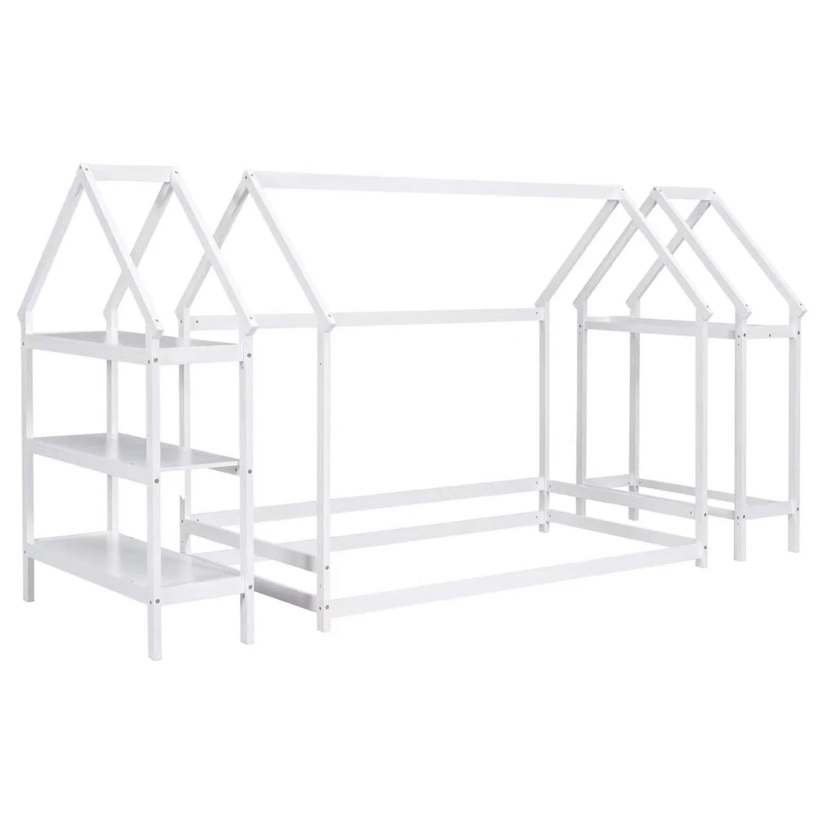 White Solid Wood Twin Floor Bed Frame with Roof and Window D324
