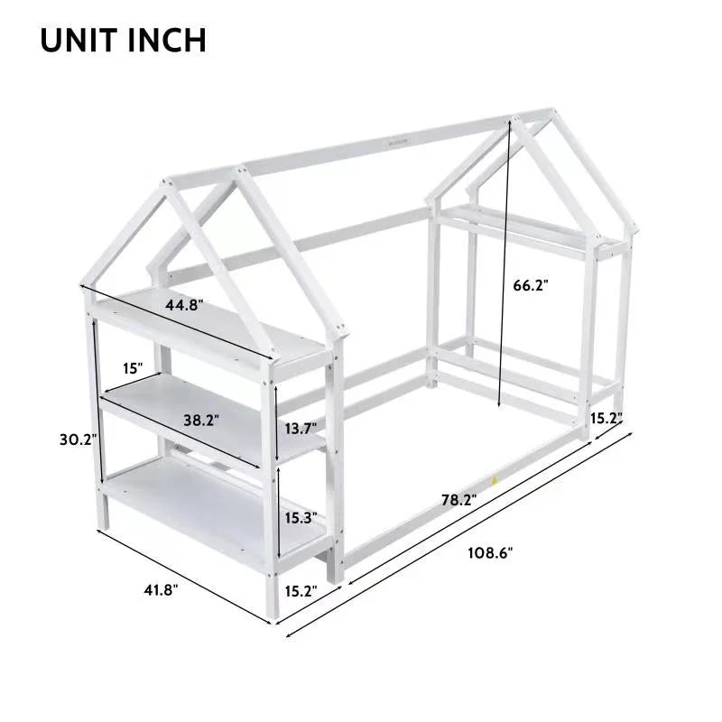 White Solid Wood Twin Floor Bed Frame with Roof and Window D324
