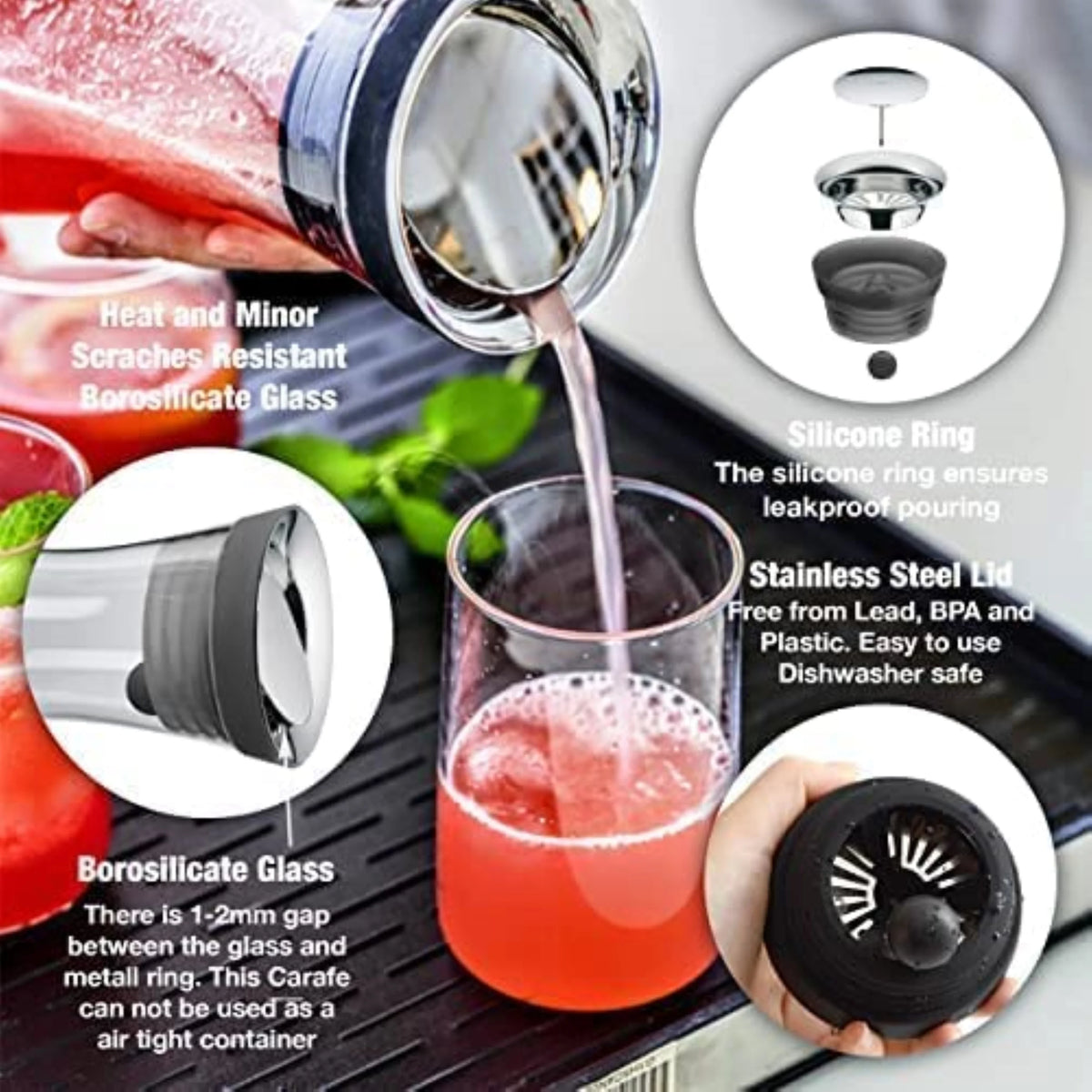 50 oz Glass Pitcher with Stainless Steel Lid and Brush V623