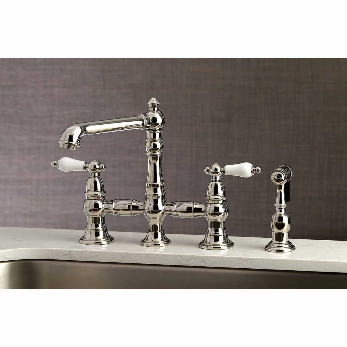 Brushed Nickel Bridge Kitchen Faucet with Sprayer N5741