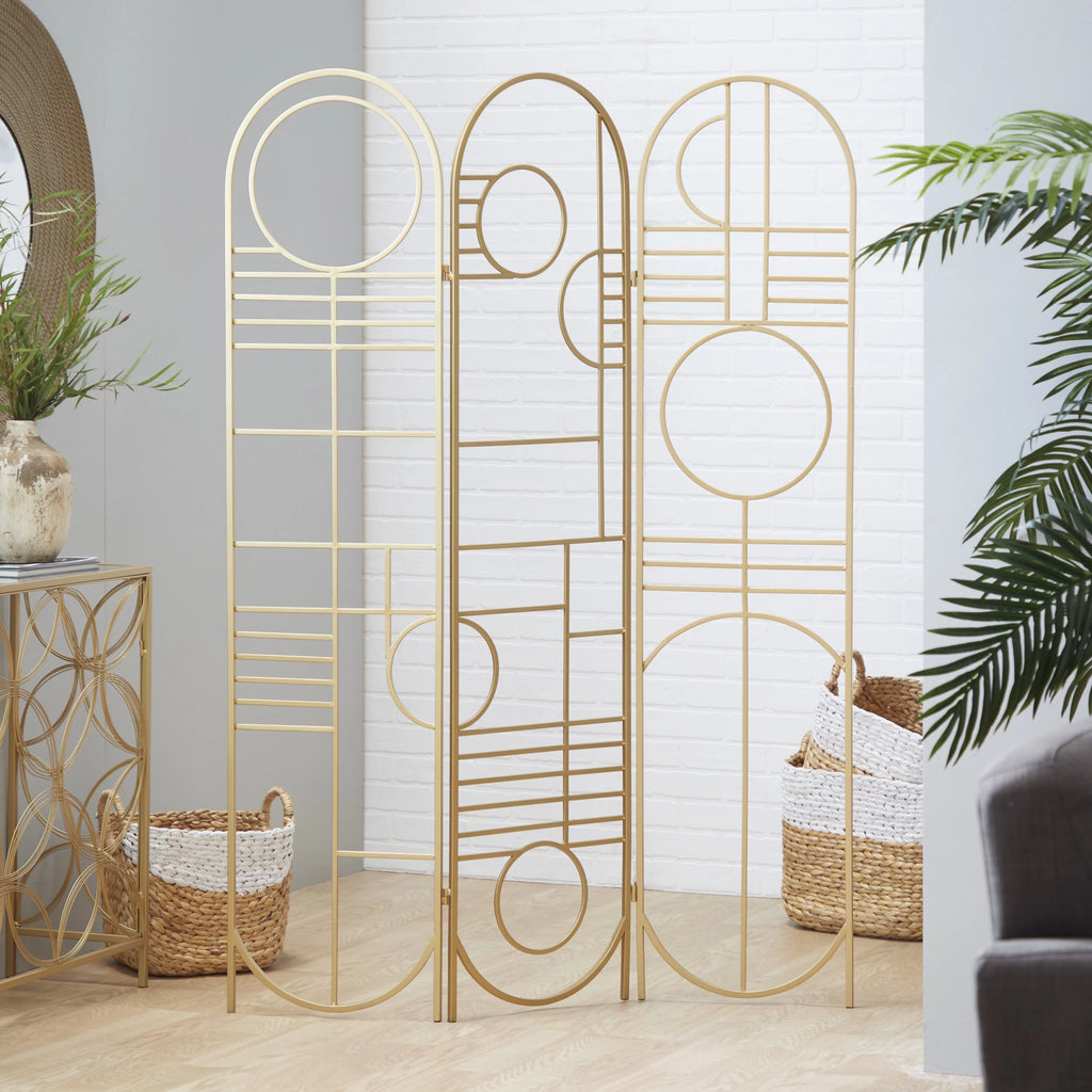 Metal 3 Panel Room Divider Screen with Geometric Pattern X7174