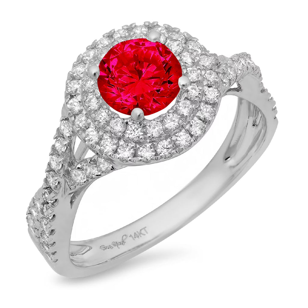 1.3ct Round Cut Red Simulated Ruby 14k White Gold Halo Ring Size 10.5 R275200