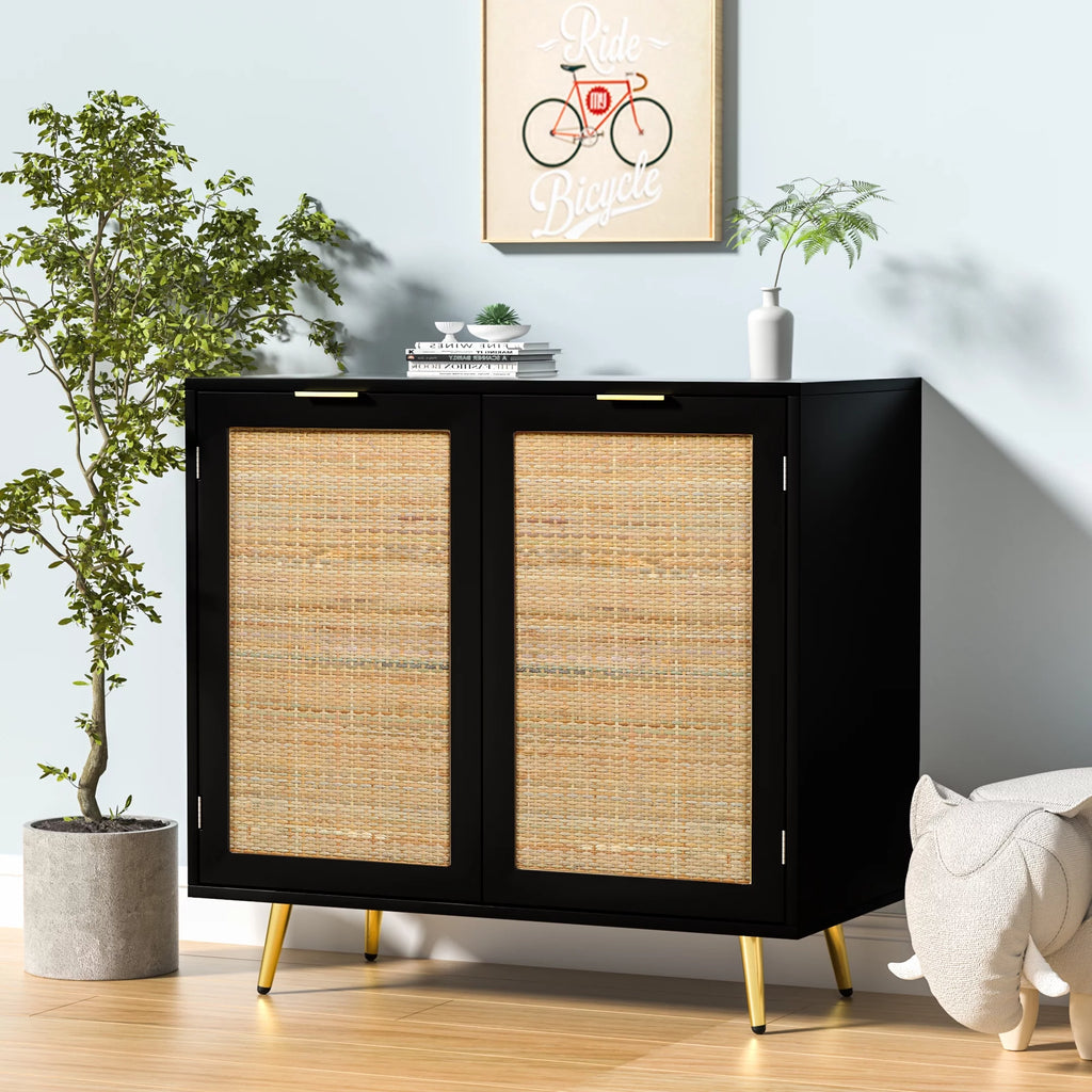 Black 2 Rattan Door Accent Cabinet S960066