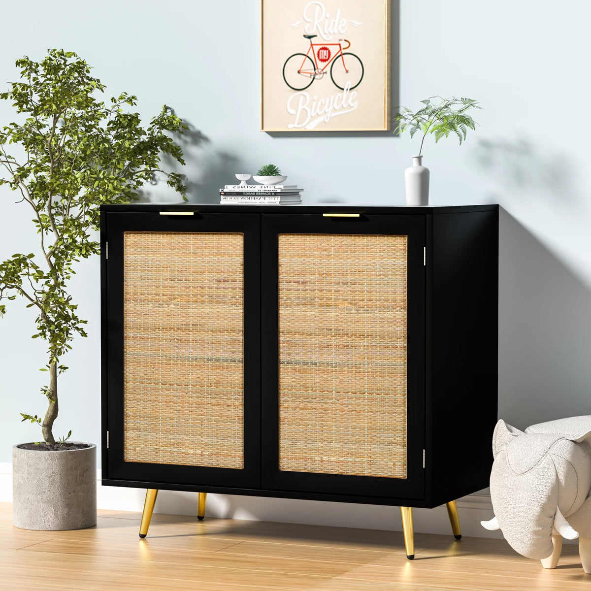Black 2 Rattan Door Accent Cabinet S960066