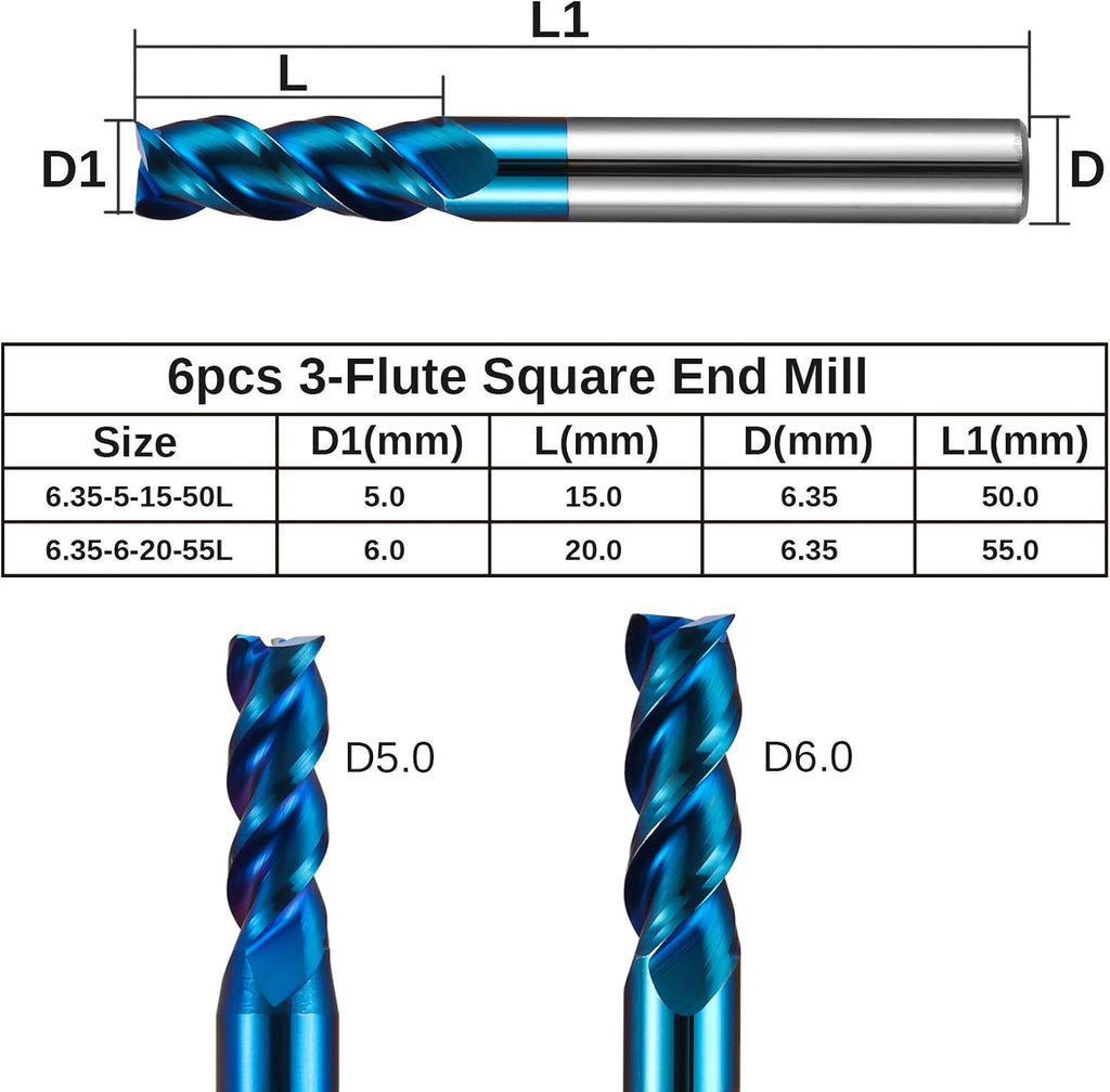 6pcs 3-Flute Square End Mill 1/4'' Shank X49278