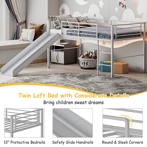 White Twin Metal Loft Bed with Slide and Guardrails O272