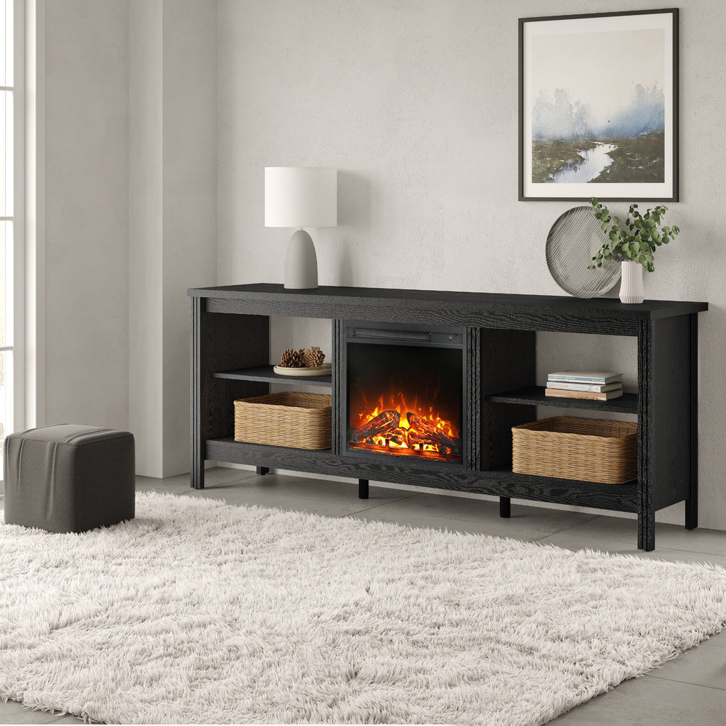 Black 70 inch Wood Fireplace TV Stand with 4 Storages H647