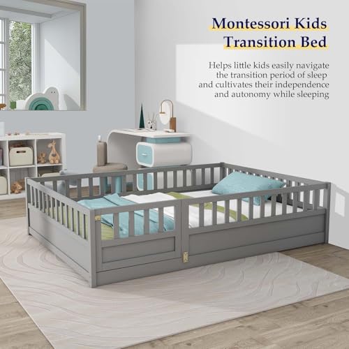 Full-White Wood Kids Floor Bed with Safety Guardrails V701