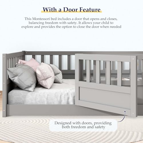 Full-White Wood Kids Floor Bed with Safety Guardrails V701
