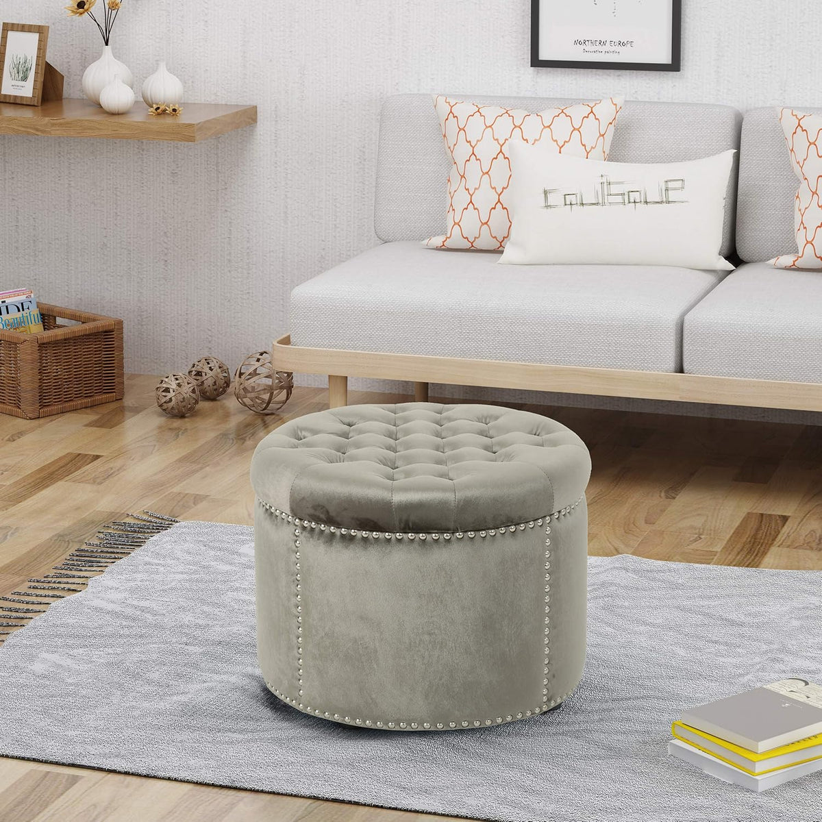 Grey Velvet Tufted Ottoman F92600