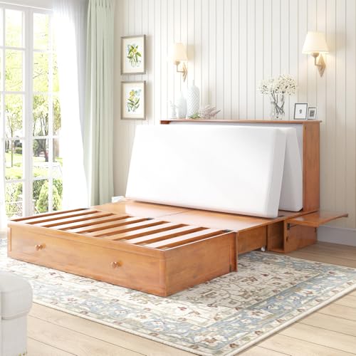 Queen Size Murphy Bed with Charging Station, Folding Foam Mattress (Cherry) U8446
