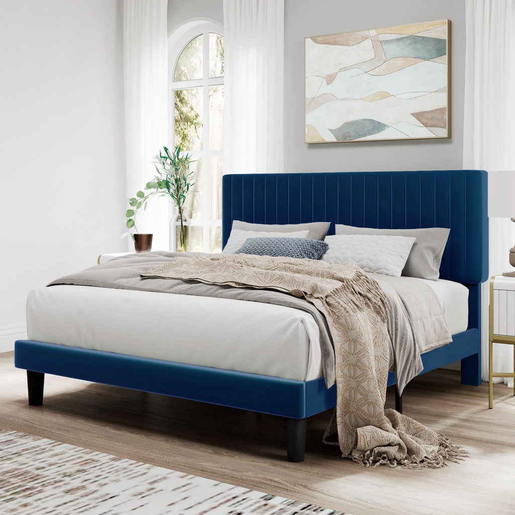 Pink Queen Size Upholstered Platform Bed Frame with Velvet Headboard R8731