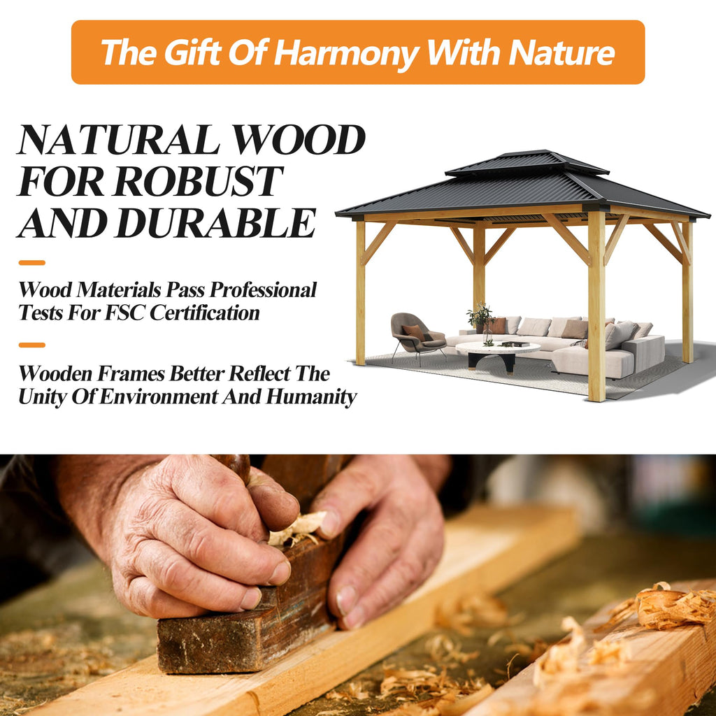 11’x13’ Outdoor Wooden Gazebo with Double Vented Roof T67668