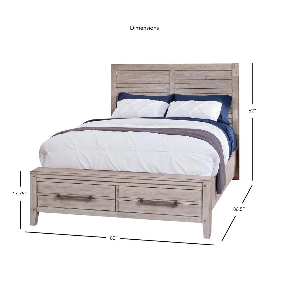 White-washed Wood King Panel Bed with Storage K74866