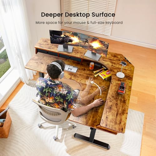 Electric L Shaped Standing Desk, 65'' Height Adjustable Corner Desk with Storage Drawers, Black S93572