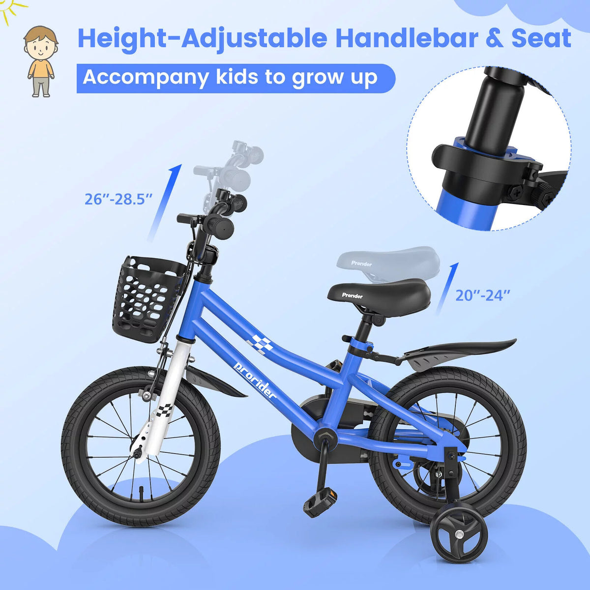 14 Kid's Bike with Training Wheels and Basket, Blue Q2255